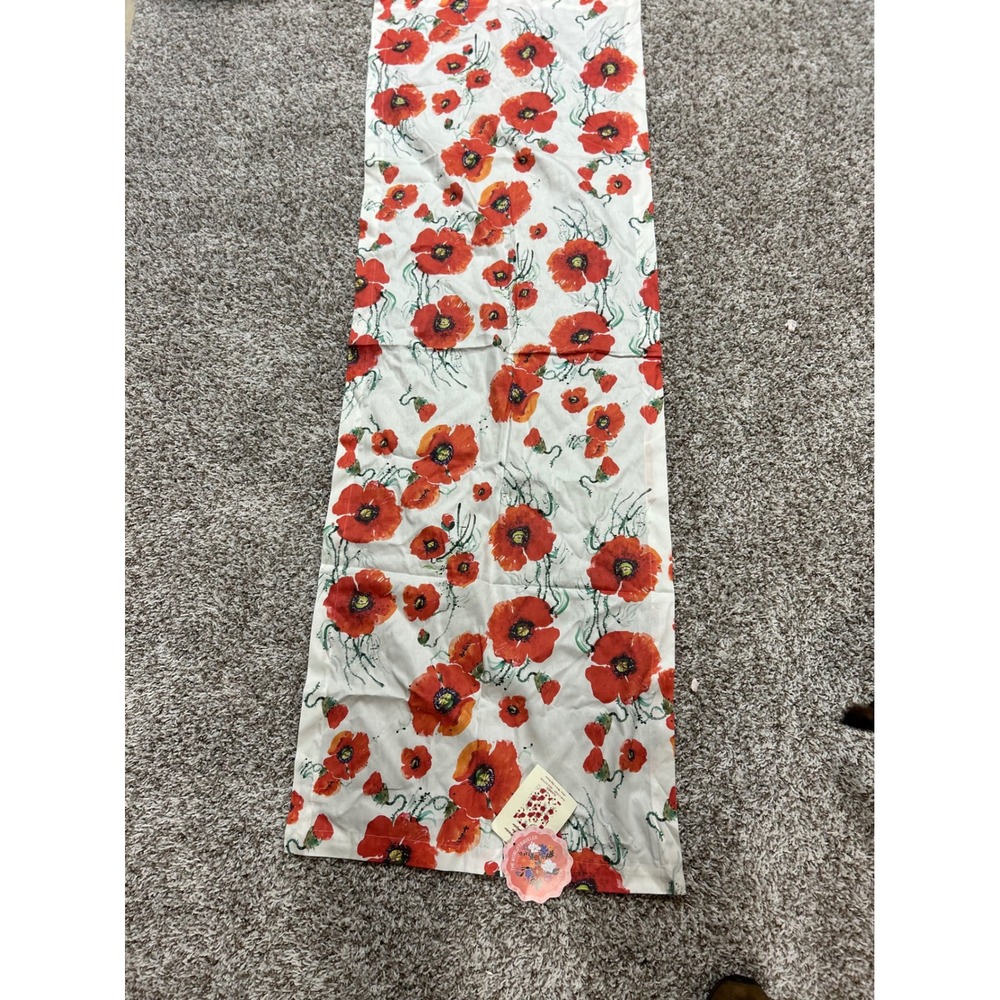 World Traveler Collection Red Poppy Floral Cotton Table Runner Made in Italy NWT